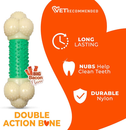 Double Action Bone Power Chew Toy for Dogs, Dog Toys for Aggressive Chewers, Bacon Flavor, X-Large - 50+ Lbs, 1 Count
